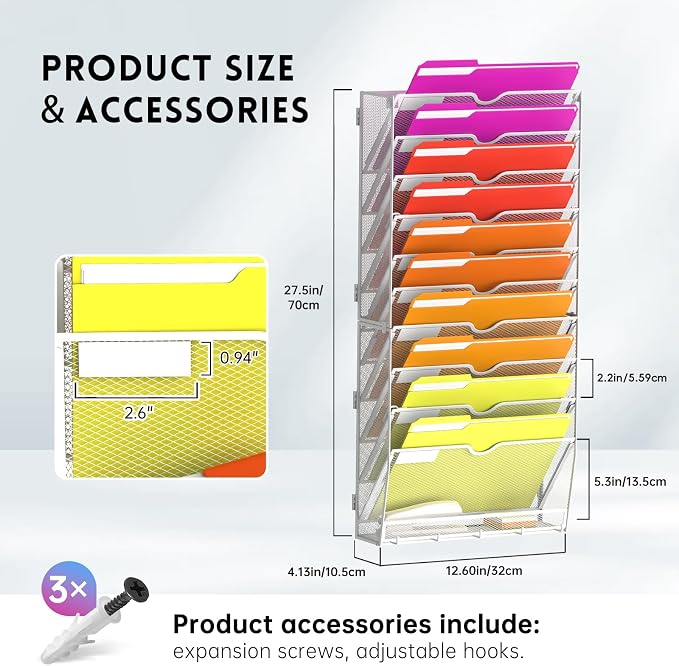 11-Tier Wall File Organizer with Base and Hooks, Hanging Organizer, White | Wall Organizer and Wall File Holder with 11 Vertical Pockets and Bottom Tray for Files, Mail, Folders, Magazines and Paper - Image 7