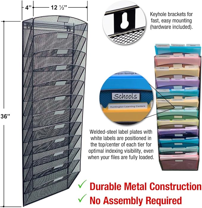 Ultimate Office Mesh Hanging Wall File Organizer, 12 Tier + 18 PocketFiles | Vertical mount hanging file sorter and display rack; includes 18 3rd-cut PocketFile clear document folders - Image 6