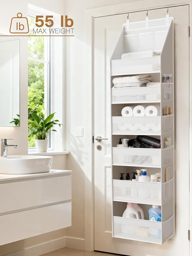 Over the Door Organizer, Heavy-Duty 6-Shelf Hanging Storage with 13 Mesh Pockets, 55lbs Capacity Behind the Door Storage for Nursery, Bathroom, Bedroom, and Dorm, White - Image 9