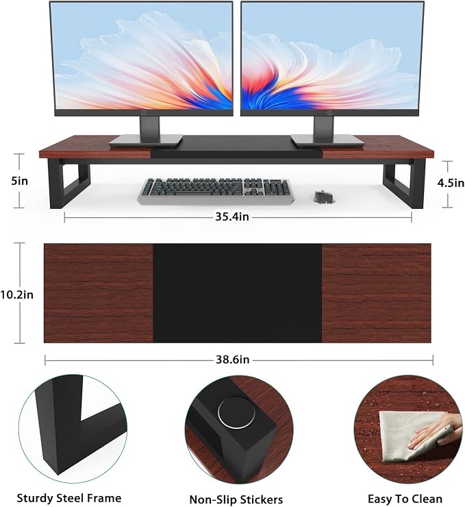 YAOHUOO Dual Monitor Stand Riser, 39Inch Large Monitor Stands for 2 Monitors, Computer Monitor Stand, Wooden Desktop Oraganizer Shelf for Office Desk Computer,Laptop,TV - Image 7