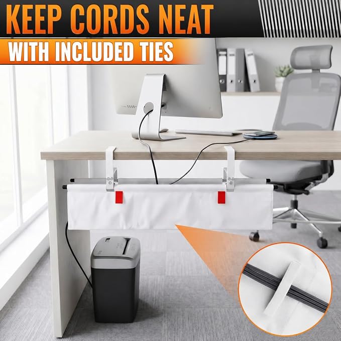 Under Desk Cable Management Tray 28" — No Drill Clamp-On Cord Organizer for Desk with Built-in Ties, Heavy Duty Metal Clamp, Foldable 600D Oxford Fabric for Home Office, WFH & Gaming PC Setup (White) - Image 9
