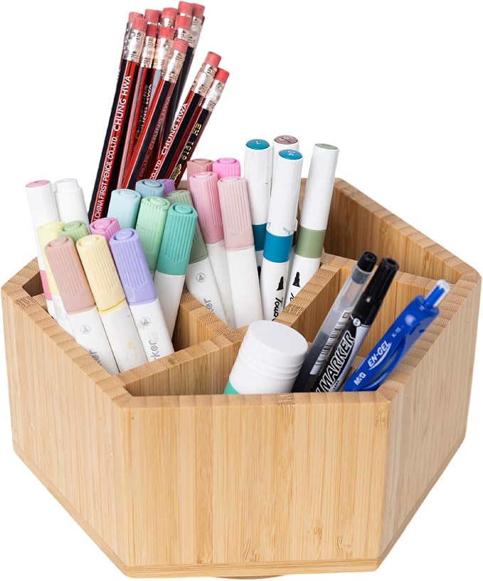 360° Rotating Bamboo Desk Organizer, Hexagonal | 360° Rotating, Art Supply Holder & Office Storage Caddy, For Colored Pencils, Crayons, Paintbrushes - Image 9