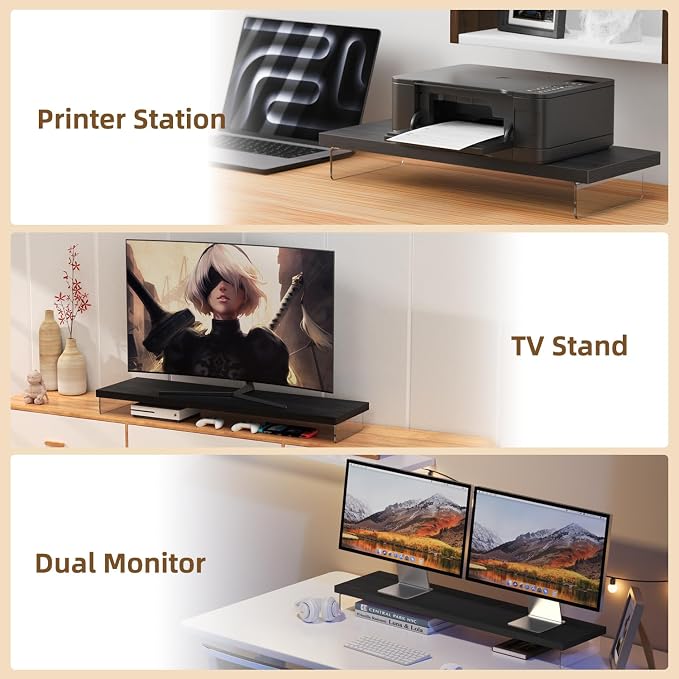 Dual Monitor Stand Riser, 40x10 in Wood & Acrylic Desktop Organizer Shelf | Computer Monitor Stand Riser With Wood & Acrylic Design; Fits 2 Monitors, Laptop, Printer And Desk Supplies For Office Use. - Image 6