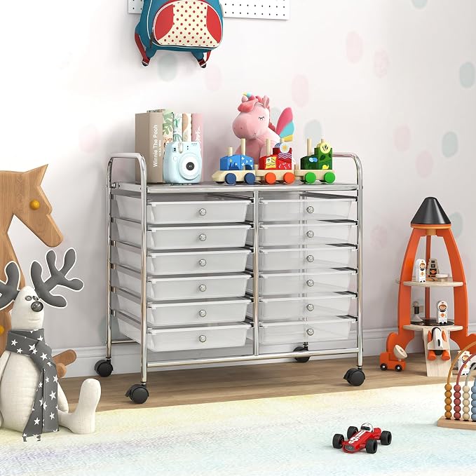 GOFLAME 12-Drawer Rolling Storage Cart, Multifunctional Art Craft Organizer Cart, Mobile Utility Storage Cart with Removable Drawers & Lockable Wheels, Craft Cart for Home Office School, Clear - Image 9