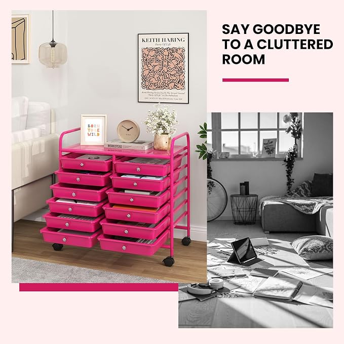 Giantex 12 Drawers Rolling Cart, Mobile Storage Drawer Cart, Classroom Organizer Cart for Office School Supplies Tools Scrapbook Paper Craft Small Printer, Utility Cart on Wheels, Hot Pink - Image 9