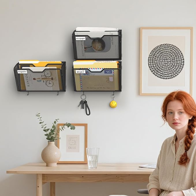 Docnest 3 Pack 2 Tier Mesh Wall File Holders with Hooks for Mail, Black | Space-saving vertical design with utility hooks. Ideal paper document organizer for office, home, and school - Image 7