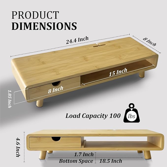 Homerays Monitor Stand with Drawer, Exquisite Computer Monitor Stand for Desk, Ergonomic Wood Monitor Stand Riser for Computer,Laptop,Printer,TV,Upgrade Bamboo - Image 7