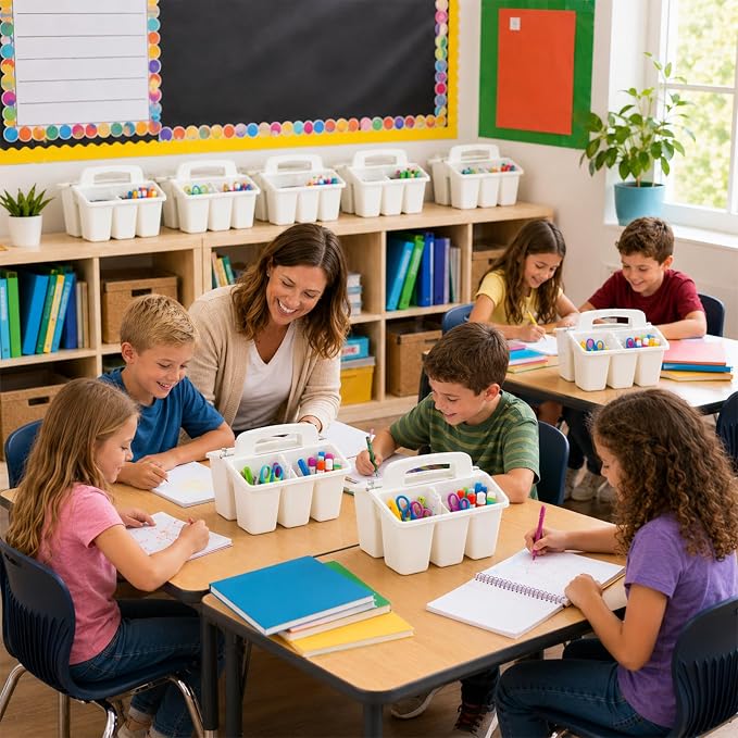 gisgfim 8 Pack Classroom Caddy Storage Basket with Handle 4 Compartment Storage Caddy Plastic Arts Crafts Caddies Protable Classroom Craft Caddies for Kids Schools Art Craft Supplies(White) - Image 7