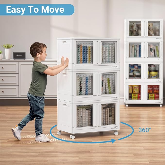 BROVIEW 400Qt Stackable Storage Bins with Lids, 100Gal Closet Organizers and Storage Drawer, Plastic Collapsible Storage Bins with Doors, Heavy Duty Store Box Cabinet for Home Kitchen, 4Pack White - Image 9