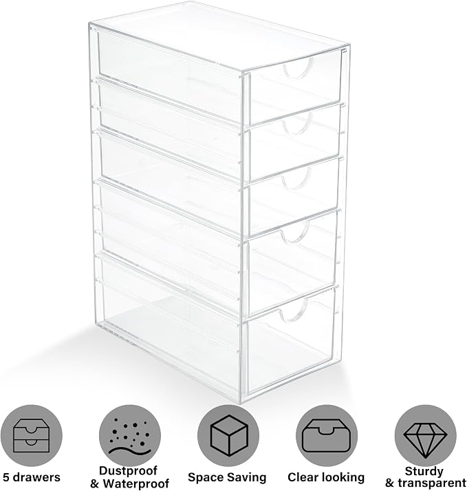 Prsildan Hair Accessories Organizer Acrylic Drawer with 5 Small Drawers | Clear, For Bathroom Vanity Office Desk, Jewelry Makeup Storage - Image 9