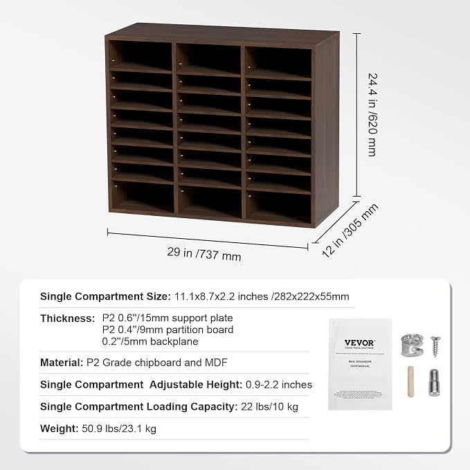 VEVOR 24 Compartments Office Mailbox, Adjustable Shelves, Wood Literature Sorter 29x12x24.4 inches – Ideal for Office, Home, Classroom, Mailrooms Organization – EPA Certified (Brown) - Image 7