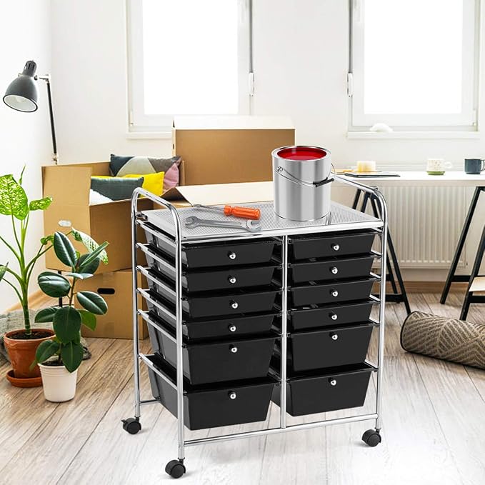 GOFLAME 12-Drawer Rolling Storage Cart, Multipurpose Organizer Cart with 2 Sizes Plastic Drawers, Mobile Utility Cart with Lockable Casters for School, Home Office, Beauty Salon, Black - Image 9