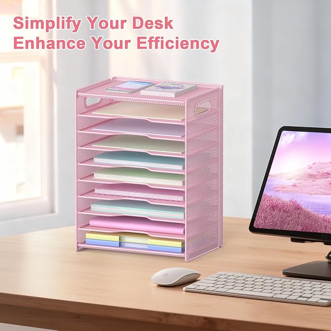 OUTWOLF 10 Tier Paper Organizer - Letter Tray Mesh Desk File Organizer with Handles for Office School Desktop, Pink - Image 6