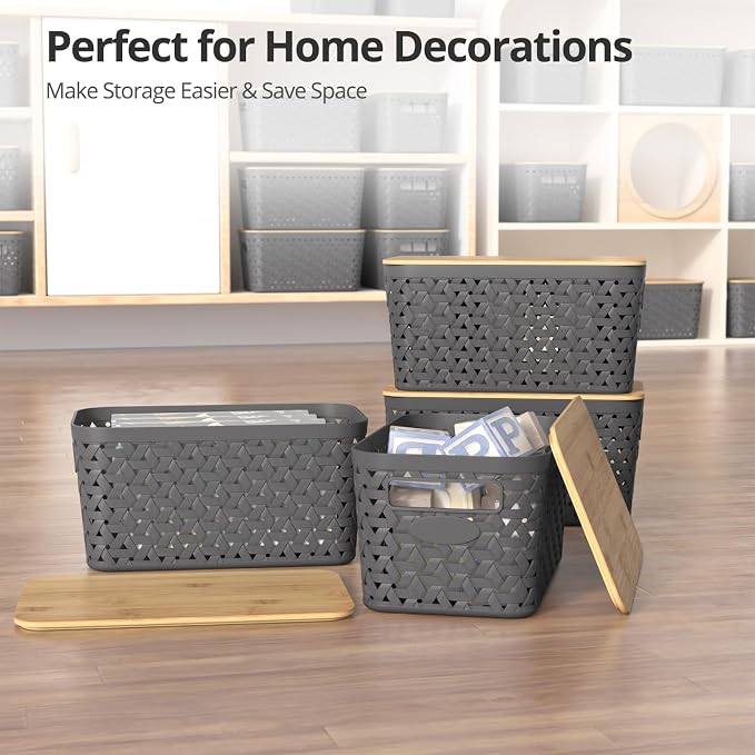Plastic Storage Bins with Bamboo Lids, Stackable Small Box Baskets for Organizing and Containers for Shelves Drawers Desktop Closet Pantry Classroom Office Home, 4 Pack 12x7.3x6.2 Inch, Gray - Image 7