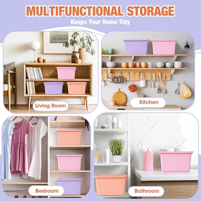 Potchen 6 Pack Small Stackable Storage Bins with Lids Plastic Storage Boxes for Classroom 9.8" ×7.3" ×5.7" Decorative Organizer Bins for Craft Art Office Teacher Supplies (Pink,Purple,Orange) - Image 6