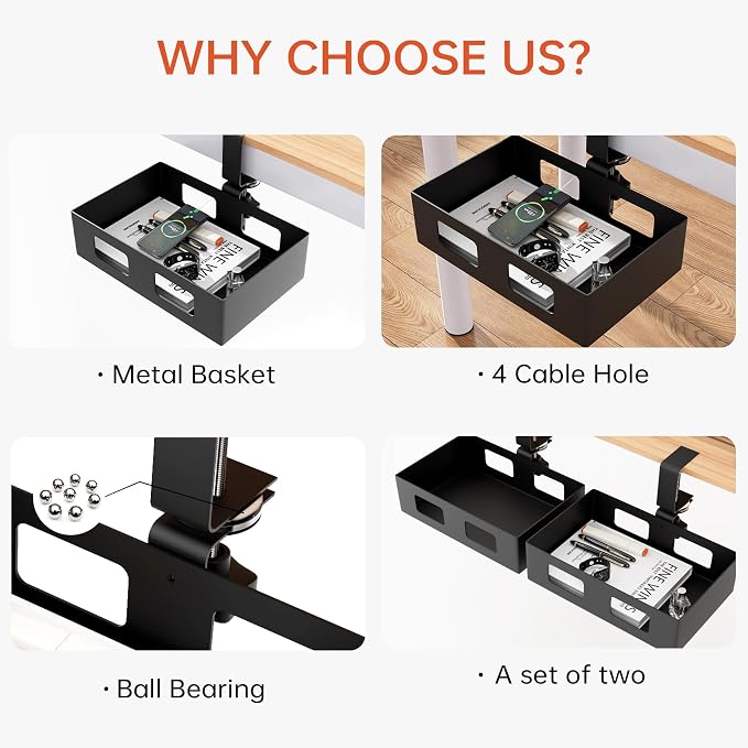 2 Pack Clamp-on Swivel Organizer, Under Desk Hidden Storage Drawer with Cable Hole, Hanging Metal Basket for Extender Space - Image 7