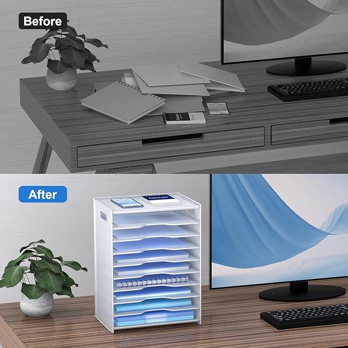 OUTWOLF 10 Tier Paper Organizer - Letter Tray Mesh Desk File Organizer with Handles for Office School Desktop, White - Image 6