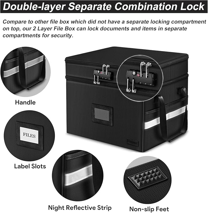 Fireproof File Oganizer with Lock, 2 Layer Fireproof Document Storage Box | Portable Office File Cabinet with 5 Tab Inserts, Collapsible File Storage for Hanging Letter, Legal Size Folder, Certificate - Image 7