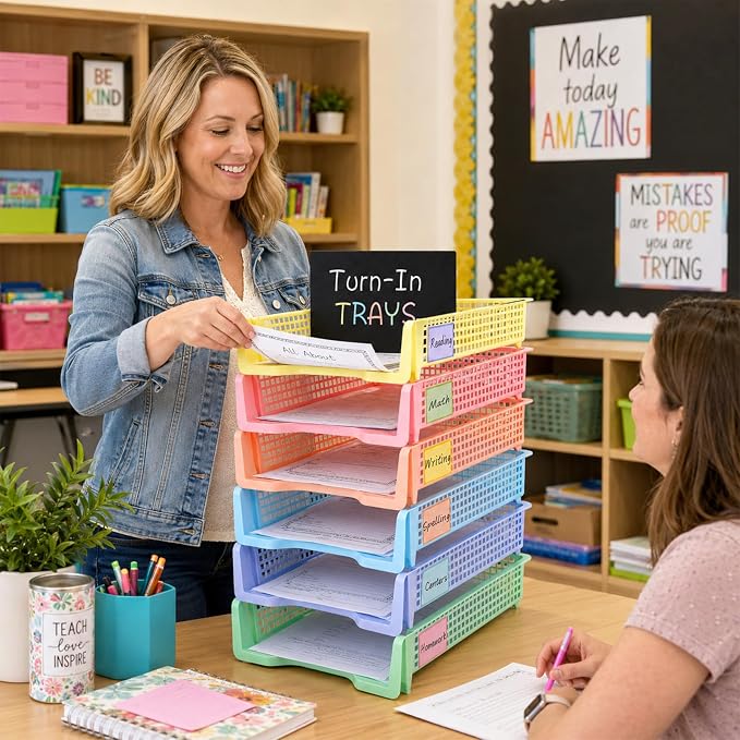 Set of 6 Pastel Turn in Trays with Label Stickers for Teachers Stackable Classroom Paper Letter Trays Plastic Classroom Desk Letter Organizer Tray Storage Baskets for Library, Drawers, Office, Home - Image 7