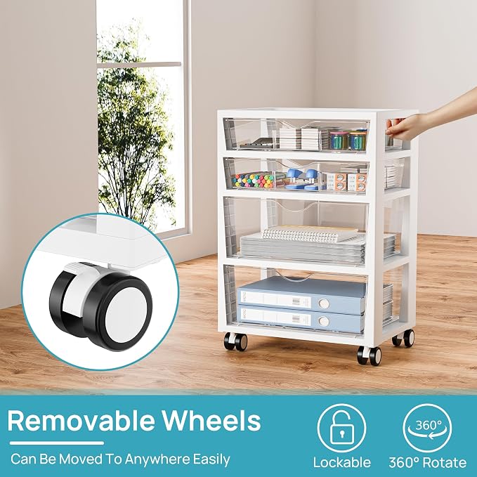 Vtopmart 4-Tier Plastic Drawer Storage Rolling Cart with Wheels | Clear Drawers, Multiple Size Storage, Visible Organization, Sturdy Design, Under Desk, Office, Makeup, Crafts & Art Storage - Image 9