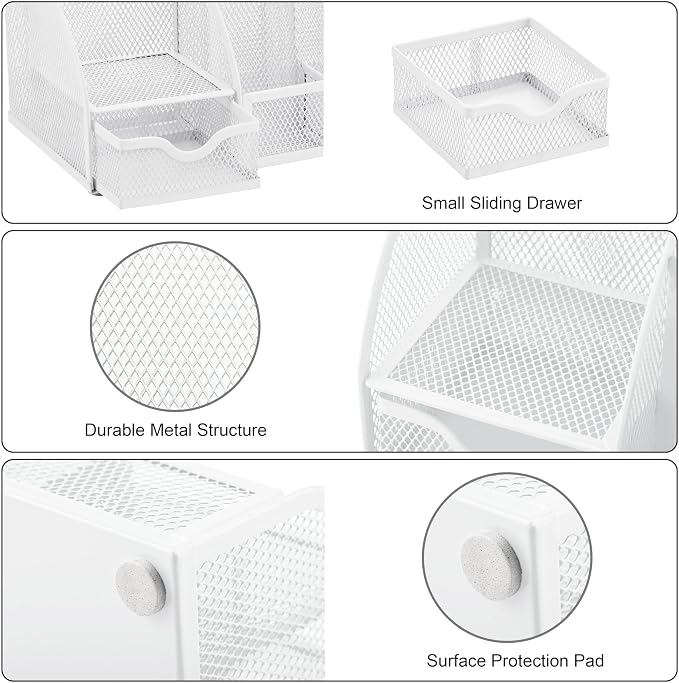 Exerz Desk Organizer 7 Compartments Metal Mesh Pen Holder Caddy White | Compact White Desktop Storage for Notes Clips Scissors Rulers Craft Tools Makeup Study and Home Use - Image 9