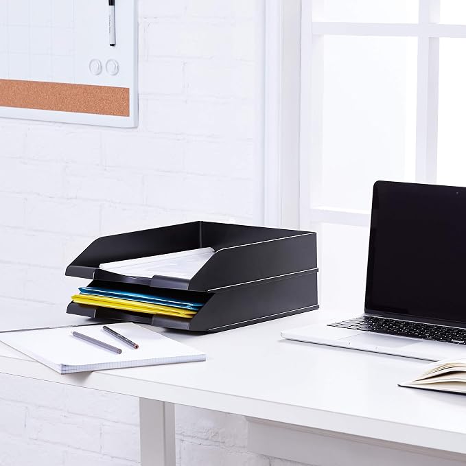 Amazon Basics Rectangular Stackable Office Letter Tray, Desk Organizer for Paper and Document Storage, Black, 12-Pack - Image 5