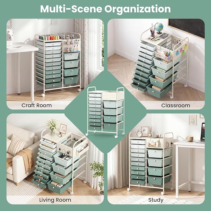 GOFLAME 14-Drawer Rolling Storage Cart with Pegboard, Craft Storage Cart with Lockable Wheels and Metal Frame, Art Cart Supply Storage Organizer for Home Office Classroom, Green Gradient - Image 9