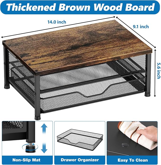 Computer Monitor Stand Riser, Desk Organizer with Drawer, Printer & Laptop Stand, Office Desk Accessories & Workspace Desktop Organizers Storage for Office Supplies(Brown) - Image 6