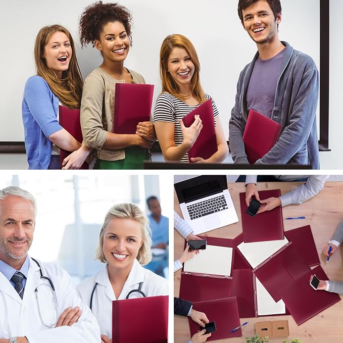 Cholemy 72 Packs Pocket Folders with Prongs Heavy Duty Plastic Folder with Business Card Slot 3 Prong Fasteners for School Office (Burgundy) - Image 6