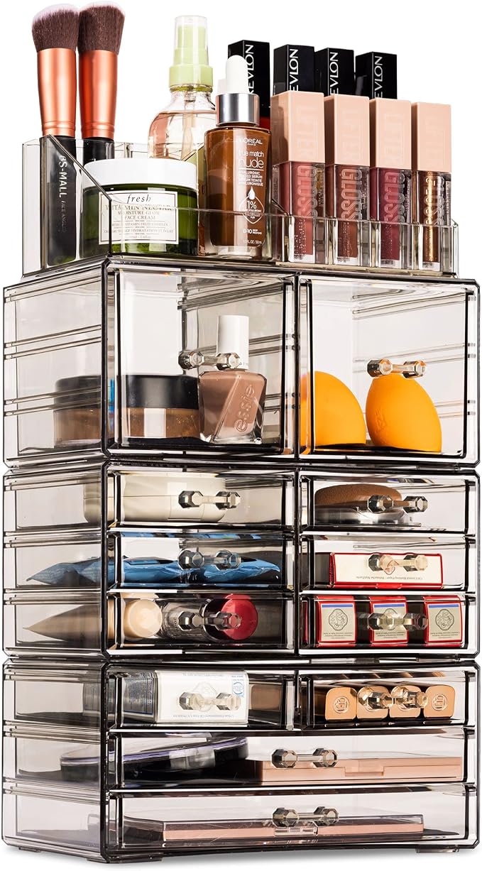Sorbus Large Makeup Organizer - Clear Stackable Jewelry & Makeup Organizer For Vanity, Bathroom Storage, Dresser - 12 Drawers Cosmetic Beauty Organizers and Storage with Lipstick, Makeup Brush Holder - Image 8