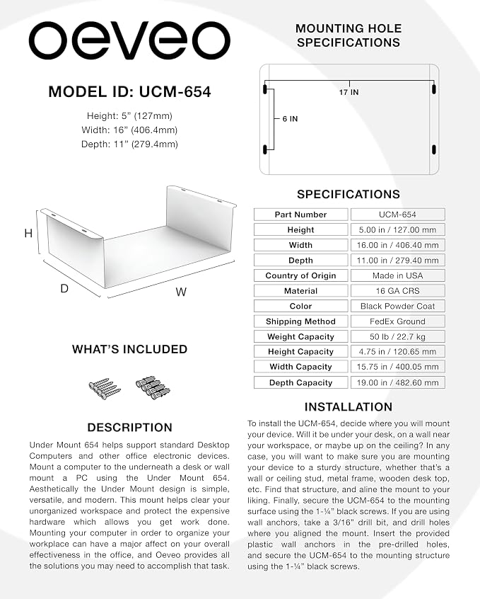 Under Desk PC Mount UCM-654 — Made in USA, Heavy-Duty Tech Support Bracket | Desktop Computers, PC, CPU, Gaming Console Mounting Application | Black Powder Coated Steel — 16W x 5H x 11D (1 Pack) - Image 5