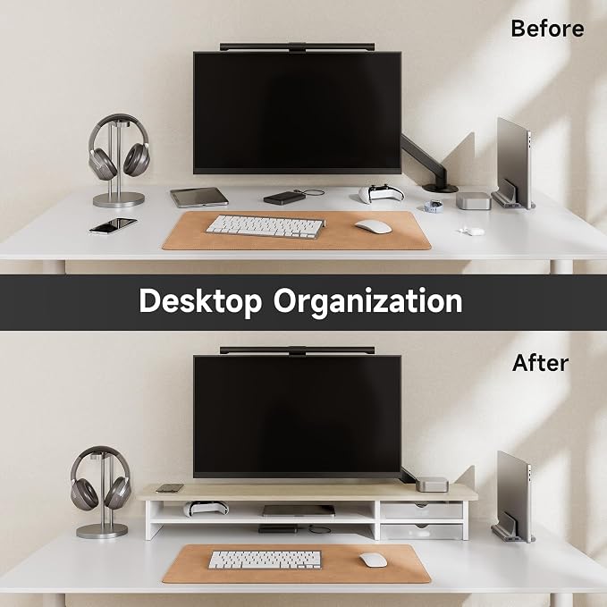 Fenge Monitor Stand, Desk Computer Riser with Frosted Storage Drawer, Oak | 42.5 Inch Dual Monitor Riser, 2 Tiers, Cable Management, Desk Shelf for 2 Monitors, Ultrawide Screen, Laptop, TV, Home Office - Image 9