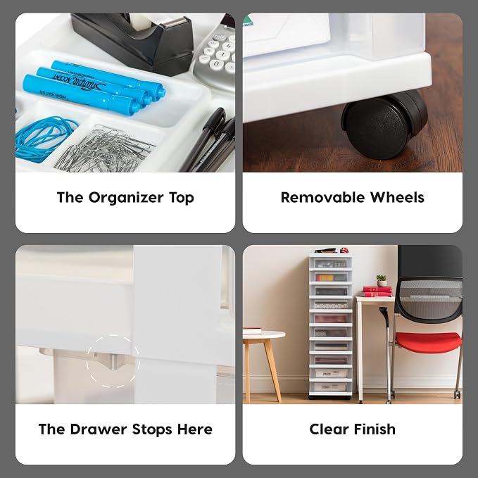 IRIS USA 10-Drawer Rolling Storage Cart, White/Clear | Keep craft supplies, office essentials, classroom items, and accessories organized with easy-access drawers for daily use - Image 8