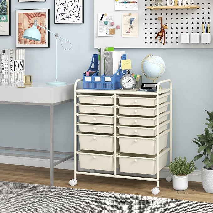 Moccha 12-Drawer Rolling Storage Cart - Utility Cart on Wheels with Lockable Casters for Craft Art Supply Paper Salon, Mobile Drawer Carts for Classroom Teacher School Office (White) - Image 9
