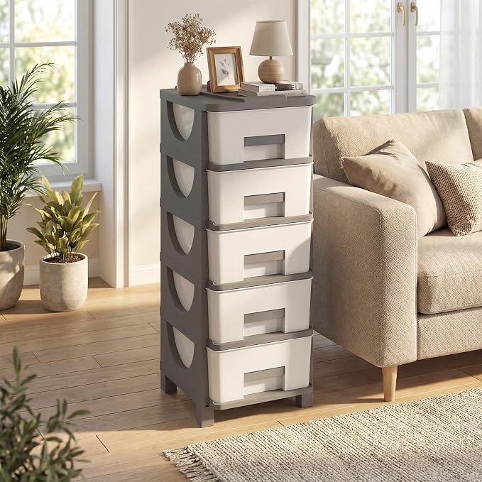 Giantex 5-Drawer Storage Organizer, Plastic Storage Tower with Drawers, Multi-Purpose Container Box for Office, Bathroom Living Room, White+Grey - Image 9