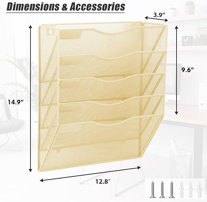 5 Pocket Mesh Hanging Wall File Organizer, Wall Mounted Mail Paper Document Folder Holder, Clipboard Storage Organization Magazine Rack with Nametag Label for Office Home School, Gold - Image 7