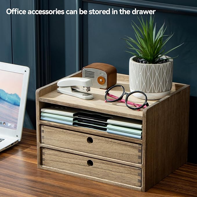 KIRIGEN Wooden Desk Organizer with 2 Drawers and Top Tray, Brown 3D2C-DBR | Three-Tier Desktop Storage Cabinet Stores Papers, Office Supplies, Cosmetics, Crafts, and Small Accessories for Home Office - Image 7