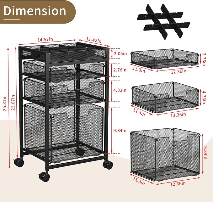 Rolling File Cart with 3 Storage Drawers, Under Desk Filing Cabinet with DIY Divider, Hanging File Folder Organizer on Wheels, Fits A4/Letter Size, Metal Utility Cart for Home Office, Black - Image 7