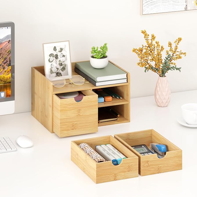 Wisuce Bamboo Desk Drawer Organizer, 3 Drawer Desktop Organizer with Drawers Tabletop Storage Organization Box for Office Home Toiletries Supplies Vanity, No Assembly Required - Image 7