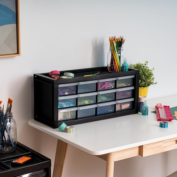 IRIS USA 12-Drawer Desk Storage Organizer, Charms, Water Packets, Black | Wall mountable, Stackable, Craft Supplies, Building Bricks, Crayons, Beads Organizer - Image 3