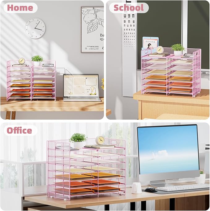 Marbrasse Desktop Literature Organizer, 12 Compartments Mesh Paper Organizer Desk Organizers, Adjustable File Sorter Mail Center Paper Storage Cabinet Classroom Mailbox for Office Home School, Pink - Image 7