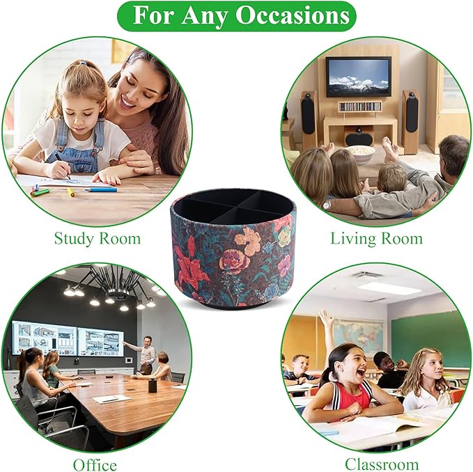 Round Leather Art Supply Organizer,Remote Control Holder,360 Degree Spinning,Multi-Functional Pencil Holder,4 Compartments Desktop Stationary Organizer(1-Wood Leather Red)