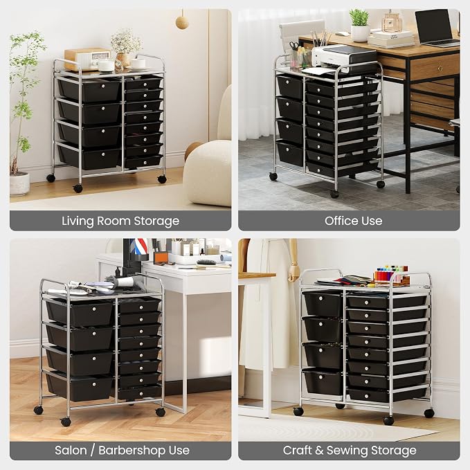 COSTWAY 12 Drawer Rolling Storage Cart, Utility Cart with Metal Frame | Mobile Art Supply Craft Organizer, Multipurpose Storage Organizer for Paper, Office, School Teacher, Classroom, Black - Image 8