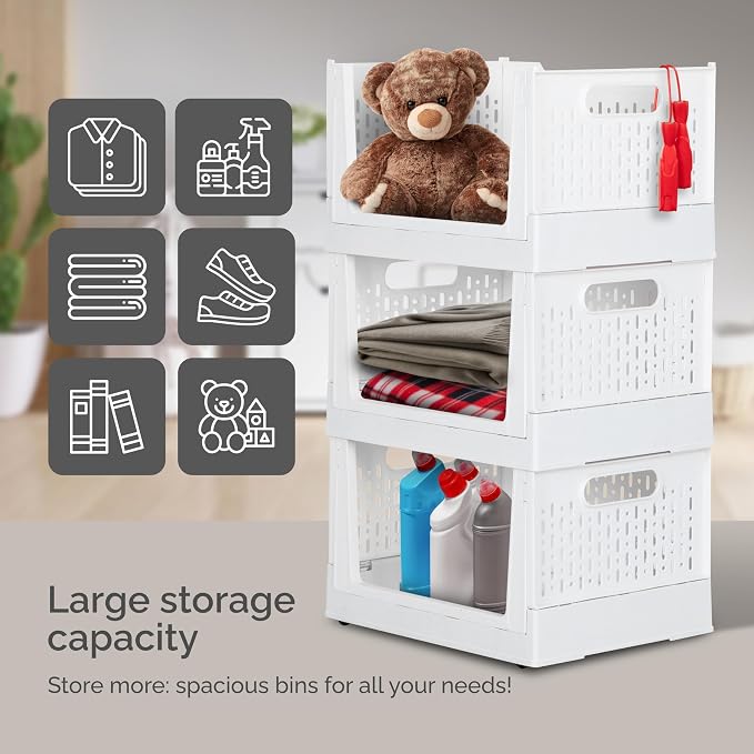 Skywin Foldable Stackable Storage Bins with Wheels, 3 Pack - Ivory | Sturdy Plastic, Easy Stacking, Open Front Access,Shelves Drawer Organizer for Closet Office Bedroom Kitchen Bathroom - Image 7