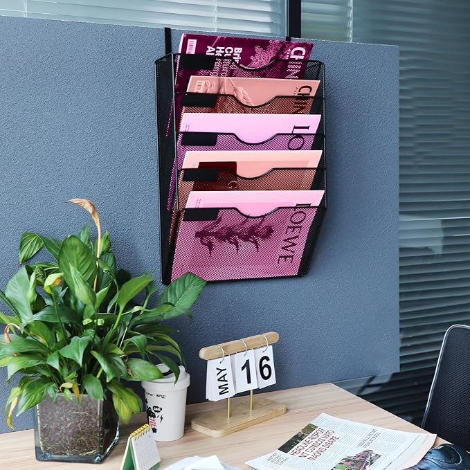 5 Pockets Mesh Wall File Holder Organizer Office Hanging File Folder Magazine Rack, Nametag Label Hooks Set Included (Black) - Image 7