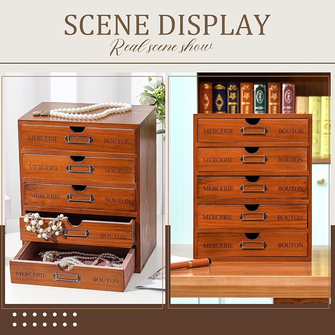 Wesiti 5-drawer Vintage Wooden Desk Organizer, Rustic Apothecary Cabinet Storage Drawers, Home Office Organizer for Craft, Sewing, Jewelry, Gift - Wood Desktop Drawer Box, Stackable - Image 6