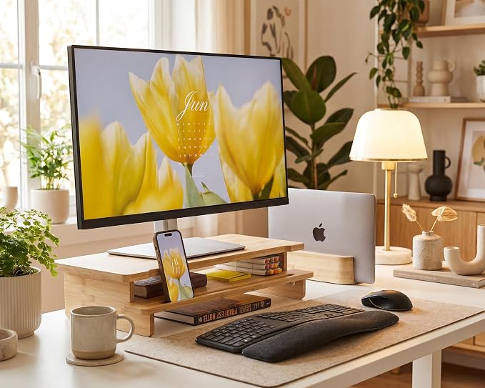 23” Bamboo Monitor Stand with Phone & Tablet Holder Desk Shelf | Monitor Riser for 40-55 Inch Desk Cozy Computer Setup Workplace Organizer Keyboard Storage Compact Ergonomic - Image 6