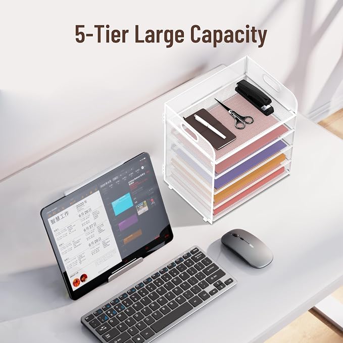 2 Pack 5-Tier White Desk Organizer with Handle Mesh Desk File/Paper Organizer Letter Tray for Office, School and Home Easy Installation - Image 6
