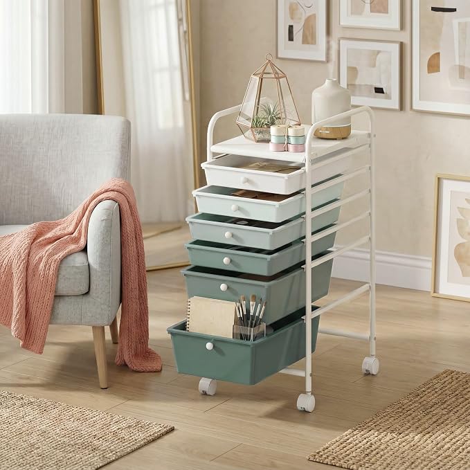 COSTWAY 6-Drawer Rolling Storage Cart, Art Craft Tools Organizer on Wheels | Multifunctional Heavy Duty Utility Mobile Storage Trolley w/ 2 Lockable Wheels for Home Office School (Green Gradient) - Image 9