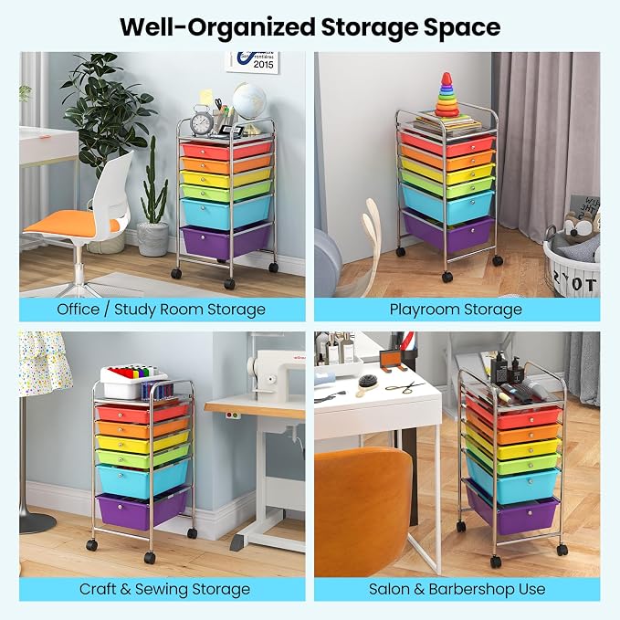 COSTWAY 6-Drawer Rolling Storage Cart, Art Craft Tools Organizer on Wheels | Multifunctional Heavy Duty Utility Mobile Storage Trolley w/ 2 Lockable Wheels for Home Office School (Multi-color) - Image 8